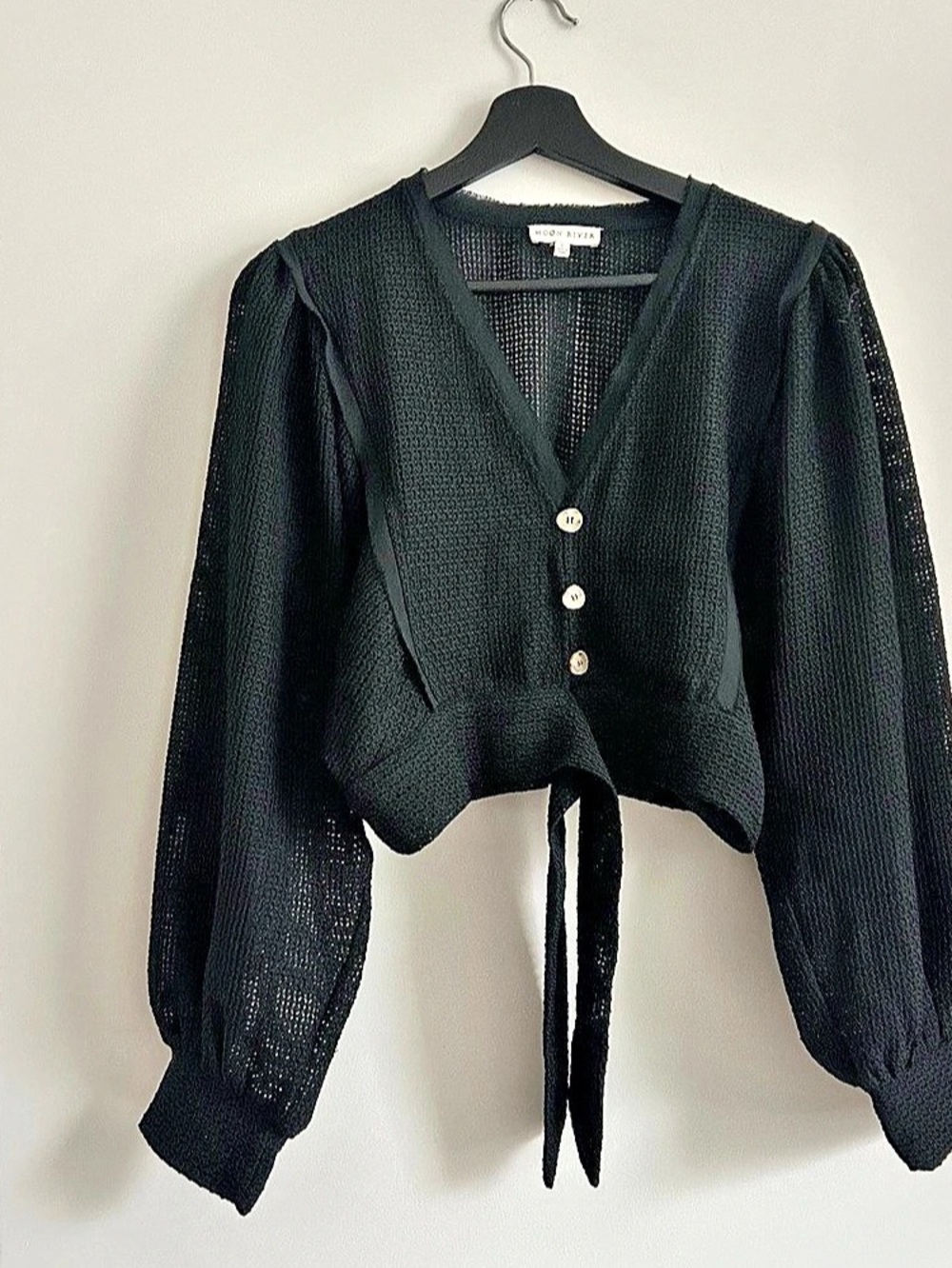 Moon River Black Tie-Front Blouse